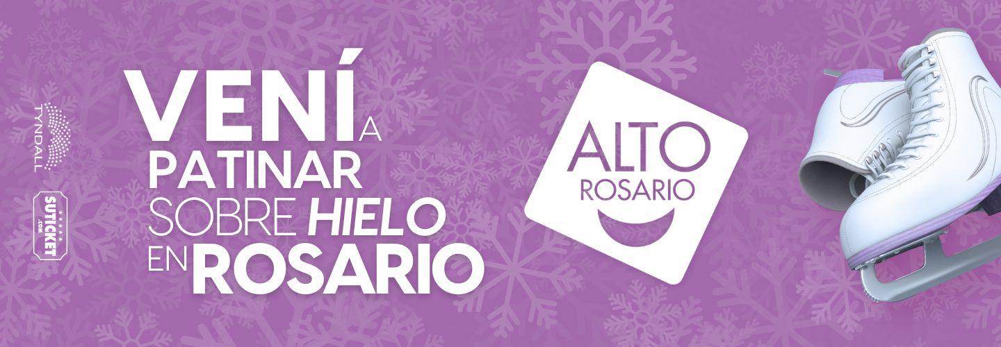 Banner with purple background showing text: TOBOGAN DE HIELO EN EL ABASTO SHOPPING next to white ice skates on the right